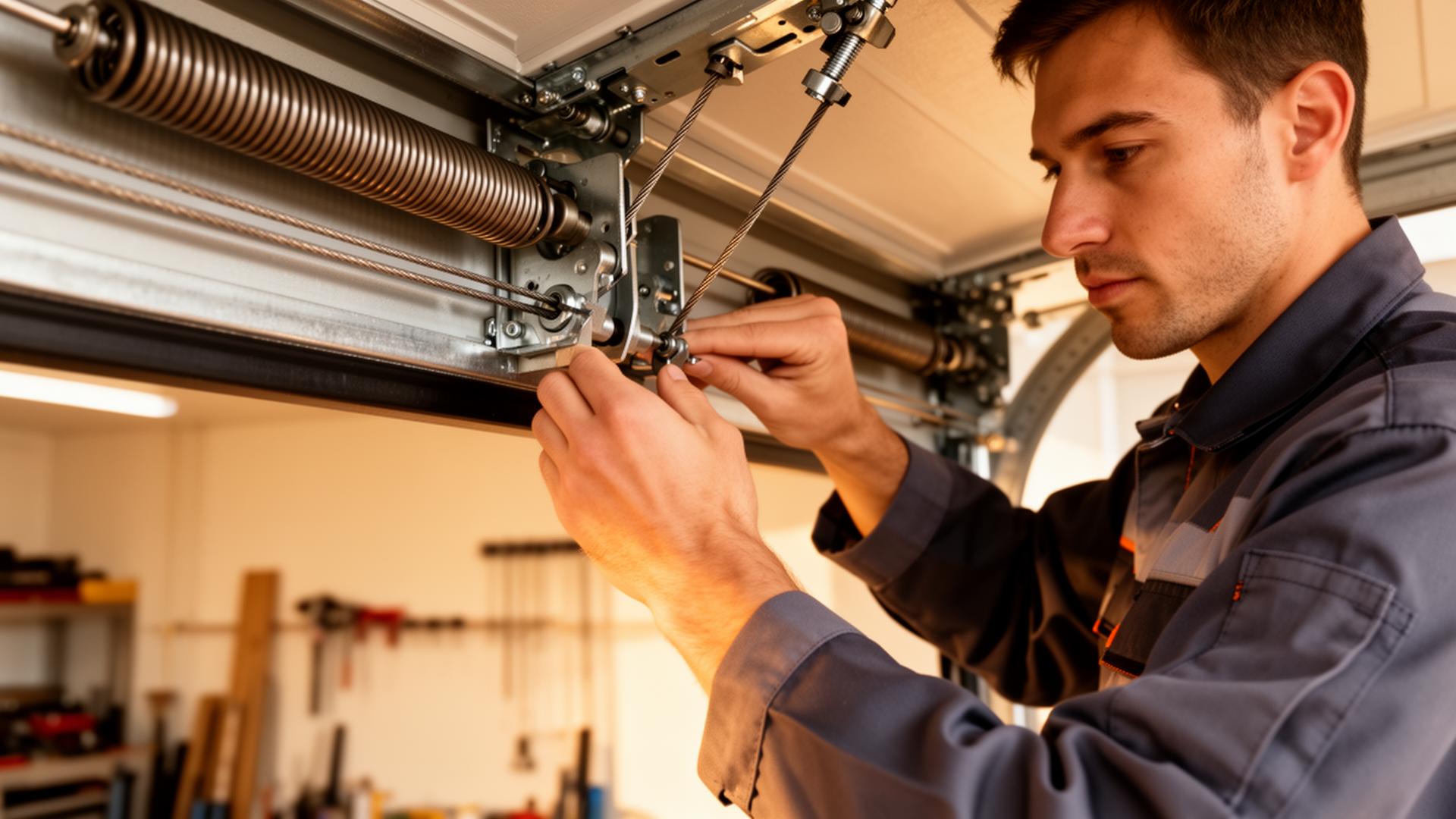 Professional garage door technician installing a new garage door